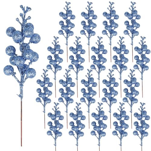 24 Pièces Décoration de Baies Rouges,Baies Rouges Branches de Baies de Houx pour décoration d'arbre de noël Artisanat Saison de Vacances décoration d'hiver décoration de la Maison (Bleu)