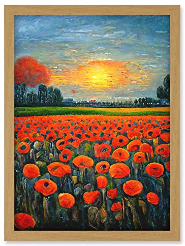 Doppelganger33 LTD Flanders Field At Sunset Expressionism Oil Paint Poppy Flowers Artwork Framed Wall Art Print A4