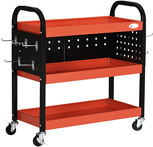 DURHAND 3 Tier Shelf Tool Cart Storage Trolley Wheel Cart for Garage Workshop Warehouse DIY Tool with 10 Hooks 100 kg Red
