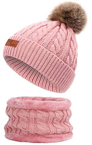 Qersh Baby Wintermütze Schal Schlupfmütze Warm Niedlich BärWintermütze Schalmütze Strickmütze mit Bommel Fleecefutter BeanieMütze Baby (S04, 2-7 Jahre alt)