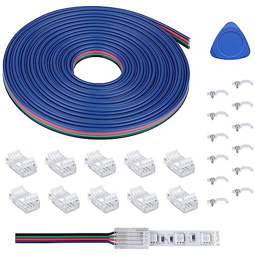Câble de Rallonge de Bande Lumineuse LED 4PIN, Kit de Connexion de Bande LED Sans Soudure avec 5M de Câble de Rallonge et 10Pcs de Connecteurs pour Bande Lumineuse LED RGB 5050 22AWG 10mm