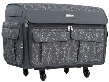 Everything Mary XXL Rolltasche für Nähmaschinen, Schwarz & Blumenmuster, Reiseetui für Brother, Singer, Babylock, Stickmaschinen, Aufbewahrungstasche mit 4 Rollen, Taschen und Verriegelungsgriff