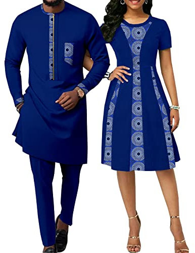 Realwax Afrikanische Kleidung für Paar Frauen Print Wachs Rundhalsausschnitt Kleid mit Männer Dashiki Lange Weste Hemd und Hosen Sets, 746, Large