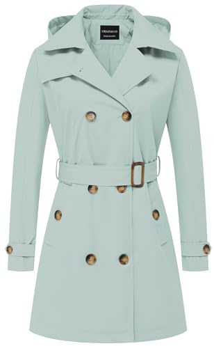CREATMO US Damen-Trenchcoat, zweireihig, klassischer Revers, Übermantel, Gürtel, schmale Oberbekleidung, Mantel mit abnehmbarer Kapuze, Hellgrün, XXL