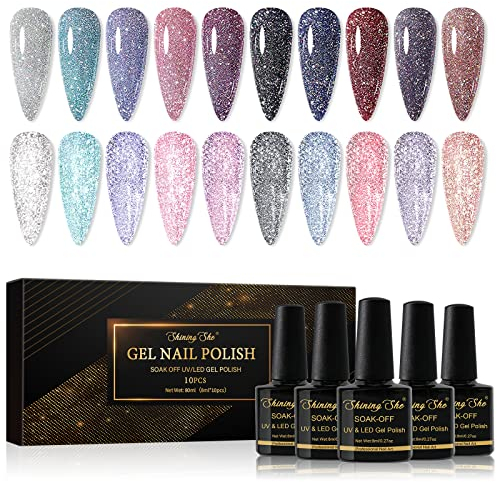 Shining She Reflective Glitter Gel Polish, 10 Colours Sparkling Diamond Gel Nail Polish Holographics Soak-Off UV/LED Nail Polish Gift for Salon Art DIY Home, 8ML