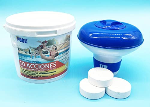 Cloro 10 Acciones + Dosificador Flotante | Mantenimiento de Piscina | Tratamiento Multiacción | Formato 5 kg | POOLiberica