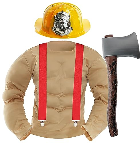 Costume de pompier calendrier pour adultes – Standard – Chemise de poitrine musclé beige, casque de pompier jaune, attelle rouge, fausse hache – Déguisement amusant pour adulte