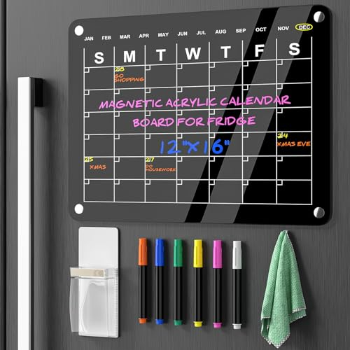 W&H Acrylic Magnetic Calendar for Fridge, 16x12 Black Dry Erase Board Calendar, Magnetic Fridge Planner, Erasable Refrigerator Calendar Whiteboard, Small Dry Erase Monthly Calendar Board