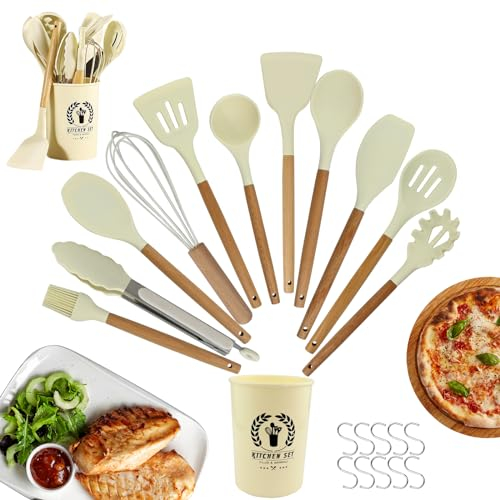23 Piece Silicone Utensils Set with Hook, Non Stick Pans, Heat Resistant Cooking Utensils, Silicone Spatulas for Cooking Kitchen Gadgets Tools (Creamcolor)