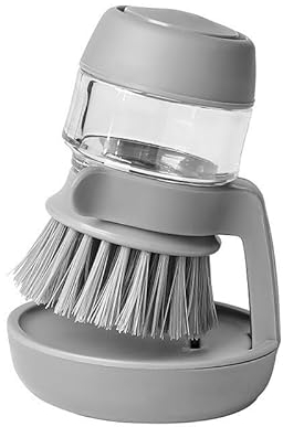Sharharge Pressing Cleaning Brush with Holder, Soap Dispensing Palm Brush, Multifunctional Kitchen Dish Brush with Handle, Soap Dispensing Brush with Drip Tray for Dish Pot Pan Sink Cleaning (Gray)