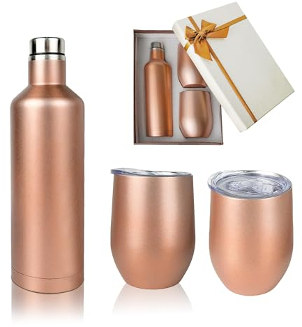 AZKEEGREY 500ml Insulated Wine Bottle and Tumbler with Lid Gift Set, 304 Stainless Steel Insulated Wine Bottle and 2 x 350ml Wine Tumblers for Cold and Hot Drinks (Rose Gold)