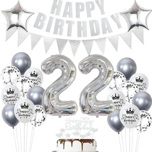 Geburtstagsdeko 22 Jahr Silber,Luftballon 22. Geburtstag Silber,Ballon 22. Geburtstag Silber,22 Party Mädchen Jungen,22 Luftballons Silber, 22 Jahr Ballon 22 Tortendeko