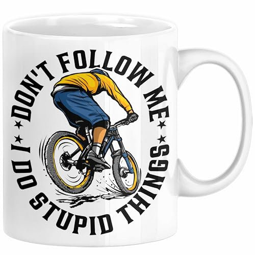 Mountainbike Tasse Geschenk für Mountainbiker Männer Geschenkidee MTB Mountainbike Berge MTB Don't Follow Me I Do Stupid Things Kaffee-Becher (Weiß)