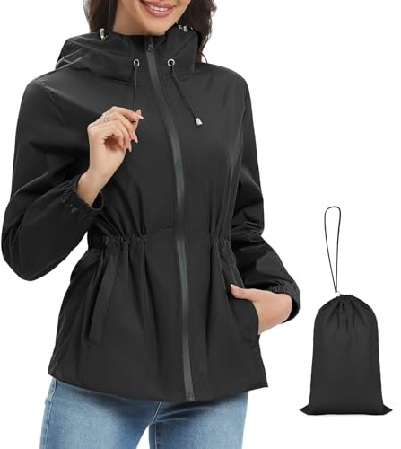 Vijamiy Vêtements Imperméables Femme Léger Veste de Pluie Manteaux Imperméables Coupe Vent Femme Impermeable Avec Capuche et Poches Veste Respirant D'extérieur Trench Coat(Noir,L)