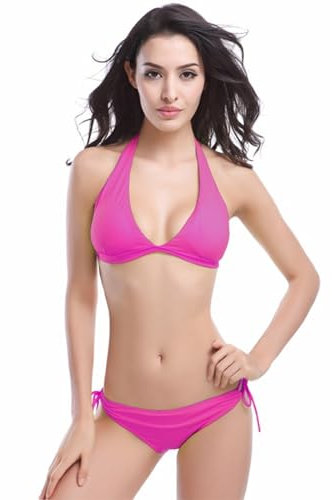 CHUANGOU Costume da Bagno Donna Due Pezzi Chic Regolabile Ties-up Triangolo Bikini Top Costumi Donna Due Pezzi Vita Bassa Bikini Fondo da Spiaggia(Rosso Rosa)