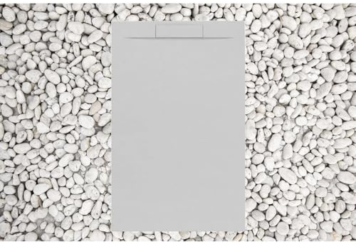 Duschwanne, 80 x 105 cm, Perlgrau, Vulcano Line Plus, aus Marmorharz, mit seitlichem Gitter aus Marmorharz