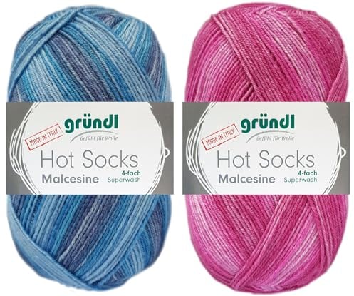 2x100 Gramm Gründl Hot Socks Malcesine (Sockenwolle aus 75% Schurwolle, 25% Polyamid (superwash) (Ocean + Fuchsia)