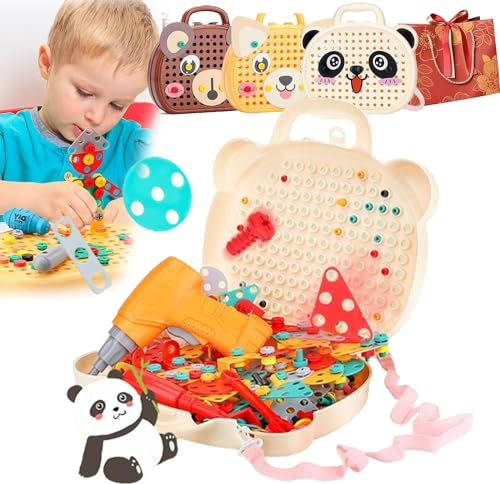 Montessori Caja de juguetes con taladro, Magic Montessori Play Toolbox Montessori Caja de herramientas con taladro Drill Toy Game Tornillos Juguetes Niños Mosaico Juego de Ranuras Juguetes a partir de