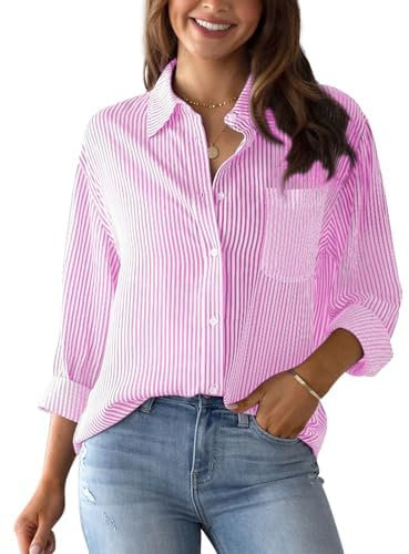 SHEKINI Chemisier élégant à manches longues avec boutons - Décontracté - Bureau - Chemisier de travail rayé - Chemisier à rayures, Rose, XL