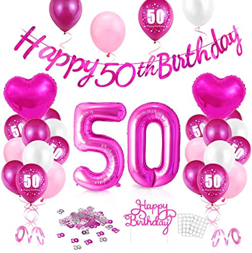 Luftballon 50. Geburtstag Pink, Geburtstagsdeko 50 Jahr, Ballon 50. Geburtstag, Riesen Folienballon Zahl 50, Happy Birthday Folienballon 50, Ballon 50 Deko zum Geburtstag Frau