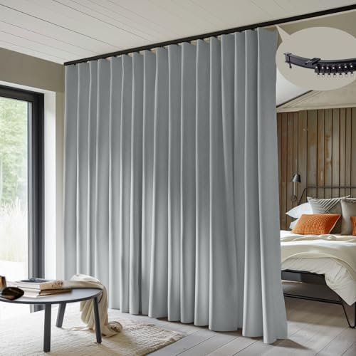 MaKefeile Raumteiler-Vorhänge mit flexiblen Deckenvorhangschienen, 100% Verdunkelung, Vorhänge für den Boden bis zur Decke, Terrassen-Schiebetürvorhänge (Grauer Drapierung und Schwarze Schiene, B 22