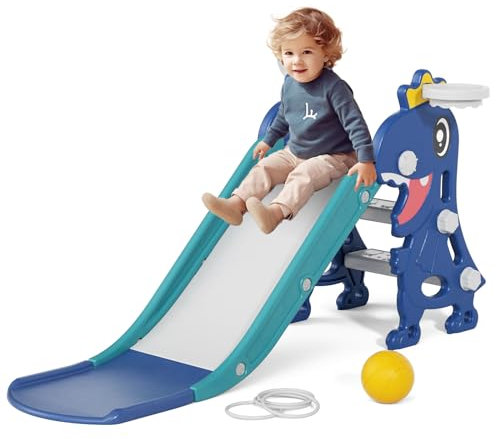 KORIMEFA Toboggan pour bébé d'escalade intérieur/extérieur pour Enfants de 18 à 36 Mois avec Panier de Basket et Anneau de Lancer Design Dinosaure Jouets (Bleu)