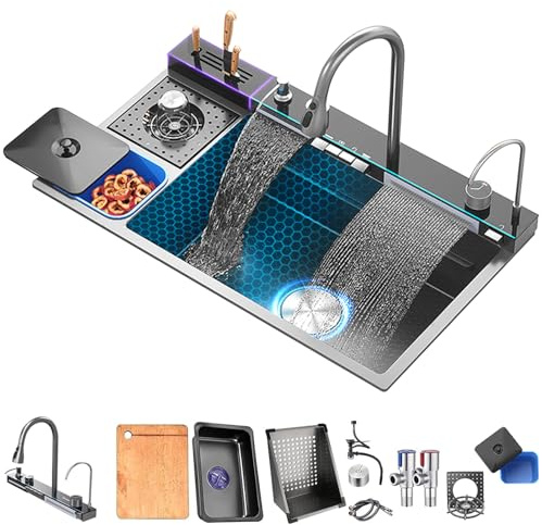 Fregadero de cocina negro Fregadero multifuncional Fregadero en cascada de acero inoxidable Fregadero de cocina para estación de trabajo de un solo tazón con grifo con pantalla digital (82x48x21CM)