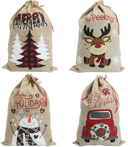 Sacs de Noël de taille moyenne 35x50 cm – Sacs cadeaux de Noël en toile de jute avec cordon de serrage. 4 motifs : bonhomme de neige, renne, arbre, voiture. Lot de 4.