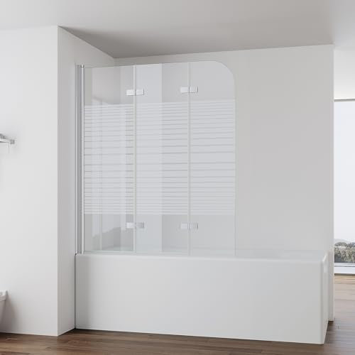 IMPTS 140x140cm Duschwand für Badewanne 3 teilig, Badewanne Glaswand Faltwand mit Streifen Milchglas, Duschtrennwand Faltbar Badewannenaufsatz Duschglaswand mit 6mm Nano Sicherheitsglas