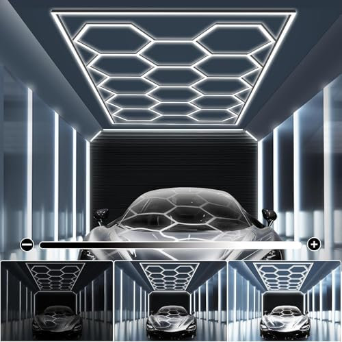 Hexagon LED Garagenlicht, 3 Ebenen, dimmbar, sechseckig, LED, Garagenlicht, 15 sechseckig, für Garage/Workshop, Autoshop mit weißem Rand, IP54, 2 Jahre Warranty AC 100 – 240 V (4,84 x 2,45 m)
