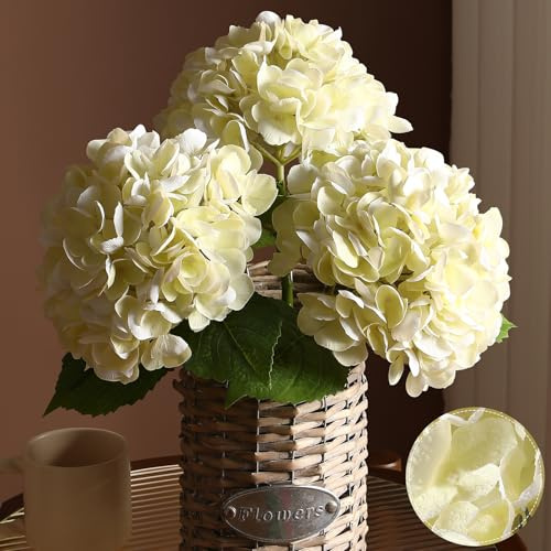 FLORRALIA 3Pcs Hydrangea Artificial Flowers, 22.44 Real Touch Latex Faux Hydrangea with Long Stems & Leaves for Home Office Decor or Wedding, Party, Centerpieces, Floral Arrangements (Cream White)