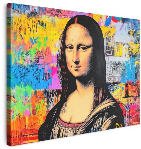 MuchoWow© Bild auf Leinwand Schlafzimmer Bilder Badezimmer Wand Deko | 80x60 cm - Wohnzimmer Modern Wanddeko Bilderwand Geschenk Graffiti - Neon - Mona Lisa - Kunst - Da Vinci