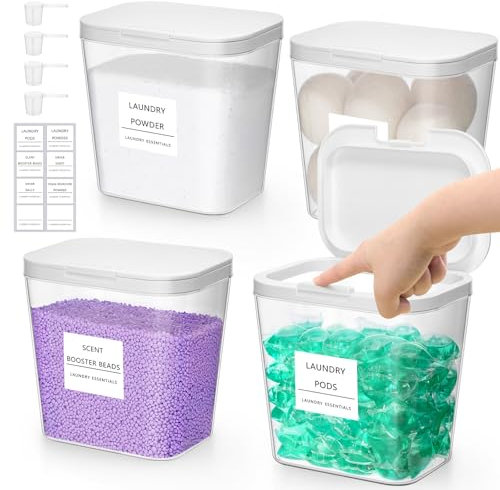 Lifewit 4 Pack Automatic Pop-Up Laundry Pot Storage Containers with Scoop, Washing Tablets Holder, Idea for Laundry Room, Bathroom, Kitchen, Laundry Detergent/Powder/Capsule Storage