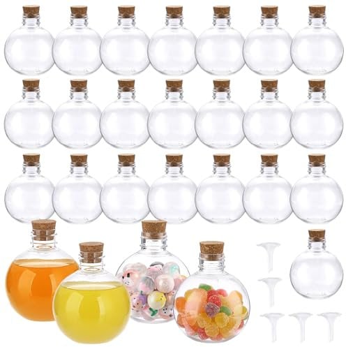 SUMTree 26 Pack 3.4 oz Ball Shape Plastic Potion Bottles with Corks Topper, Clear Sand Art Bottles Containers with 5 Mini Funnels Cork Bottles for Party Drinks, Magic Potion, DIY Crafts, Essential Oil