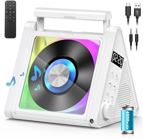 Greadio Portable CD Players for Home, 2 * 10W HIFI System, 4000mAh Rechargeable CD Player with Bluetooth 5.3, FM Radio, USB, AUX, Remote Control,RGB Coloured Lights, Home Audio CD-Player (White)