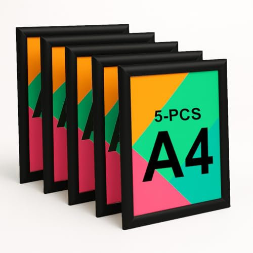 Aluanz Klapprahmen A4 Schwarz - 5er Set - Bilderleiste, Wechselrahmen mit Antireflexfolie, Posterleiste für Wandmontage, Posterrahmen Hoch- und Querformat, Plakatrahmen - 33 x 24 x 1,2 cm