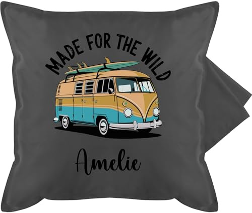 Kissenbezug - Camping Geschenk Made for the wild Camperbus mit Name I Retrobus Surfing Geschenk Oldtimer Van Geschenke Surfer - 50 x 50 cm - Grau - Kissen Campervan Camper campingfreund
