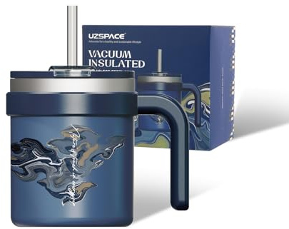 UZSPACE Mug Isotherme avec Paille & Poignée, Tasse a Cafe 500ml | Mug Isotherme Esthétique, Acier Inoxydable 18/10, à Large Ouverture, pour Café Chaud et Boissons Froides, Bleue
