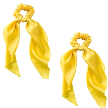 Satin-Haargummis mit gelber Schleife, Satin-Haargummi, Pferdeschwanz, Schal, Haargummi, elastisches Band, Haargummis und Bänder für Damen und Mädchen, Haar-Accessoires, 2 Stück