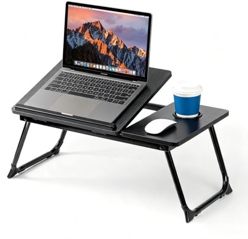 Mesa para Cama y Sofá, Plegable Bandeja con Tapa Ajustable, 56x32x25cm | Mesa Cama Ordenador con Portavasos, Tablero MDF y Soporte Metálico, Relieve Negro