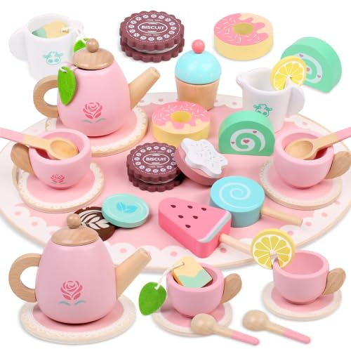 Wooden Tea Set for Toddlers, Pretend Play Tea Set, Birthday Gift for Girls | Toys for 3 Year Old Girls, Kids Tea Set Pink Montessori Toy for 3+, Party Role Play Toy for 3 4 5, Pretend Kitchen Food Toys
