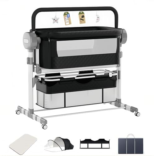 Aveainelle Babybett und Multifunktionales Kinderbett, Parallelschwingung, Faltbare und Umwandelbare Babywiege, Verstellbare Beistellbett, Co-Sleeping Babybett und Rollen (608 Schwarz)