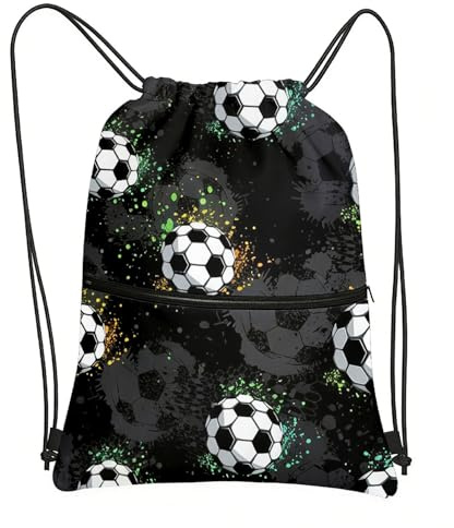 Aurelx Fussball Thema Sporttasche Kinder, Polyester Turnbeutel Schwarz, Robuster Gym Bag mit Reißverschluss, Stoffbeutel mit Kordelzug, Fussball Geschenke Jungen für Sport, Schule, Fitnessstudio