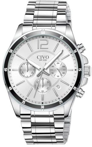CIVO Reloj Hombre Esfera Clara: Cronógrafo Luminosa Fecha Cuarzo Acero Impermeable Resistente Raya - Regalo Padre Estudiante Diario Trabajo