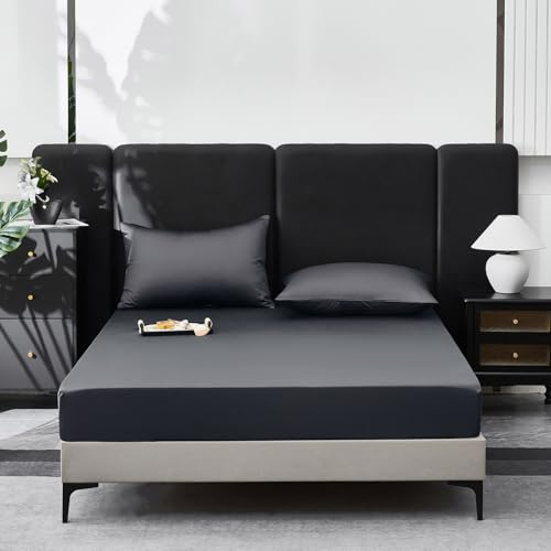 YASMENG Spannbettlaken 180x200cm Baumwolle Satin Dunkelgrau Bettlaken 180x200 100% Langstapelige Baumwolle Kühlend Weich Atmungsaktiv Mako Satin Spannbettlaken Boxspringbett Geeignet für 30cm Matratze