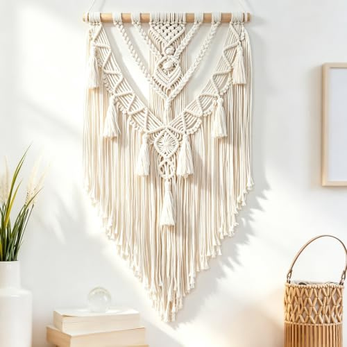 Betylifoy Makramee Wandbehang aus Baumwolle Handgefertigt Gewebt Tapisserie | Boho Deko Makramee Wandteppich mit Quasten Wanddeko Apartment Schlafzimmer Balkon Dekoration 70cm (W) x 40cm (L)