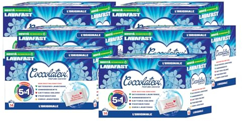 COCCOLATEVI LAVAFAST 5in1 6 Confezioni da 14 Bustine, Detersivo Lavatrice in Bustine Monodose, Ammorbidente, Profumatore, Cattura Colore e Cura Lavatrice (L'Originale)