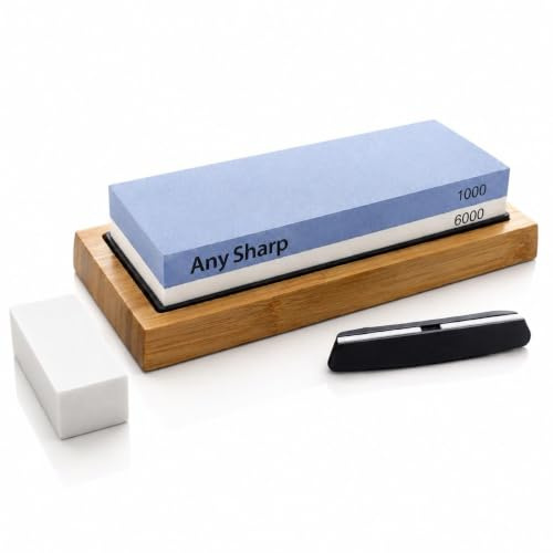 AnySharp Kit XL de piedra de afilar para cuchillos, piedra de afilar de doble cara grano 1000/6000 con base de bambú antideslizante, guía de ángulo y piedra niveladora para cuchillos de cocina