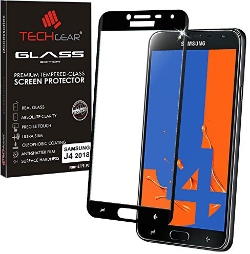 TECHGEAR VERRE Trempé pour Galaxy J4, [Version 3D] Protecteur d'Écran en Verre Trempé avec Adhésif et Protection Plein Écran Compatible pour Samsung Galaxy J4 (Séries SM-J400) [Noir]