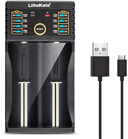 Smart-Akkuladegerät mit 2 Schächten für 18650 26650 14500 16340 10440 RCR123,3,2 V LiFePO4,1,2 V NI-MH NI-Cd AA mit 2 LED-Indikatoren